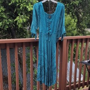 Teal Lace-Up Bohemian Dress